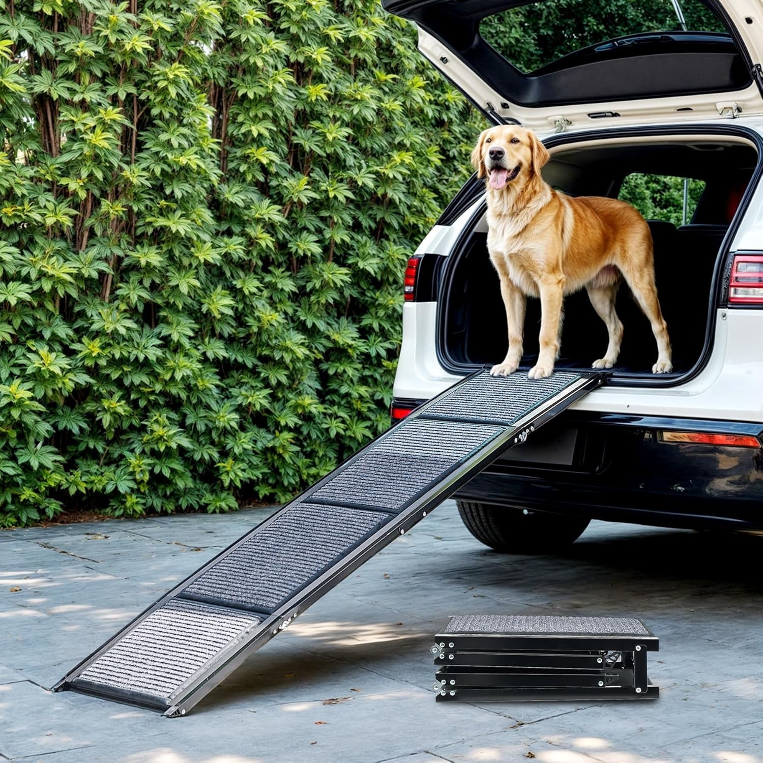 CO-Z Dog Ramp for Car, 160 cm Folding Pet Ramp for Large Dogs up to 90 kg with Non-Slip Rug Surface, Portable Dog Pet Stairs for Car SUV Truck Bed Sofa, Indoor and Outdoor Use