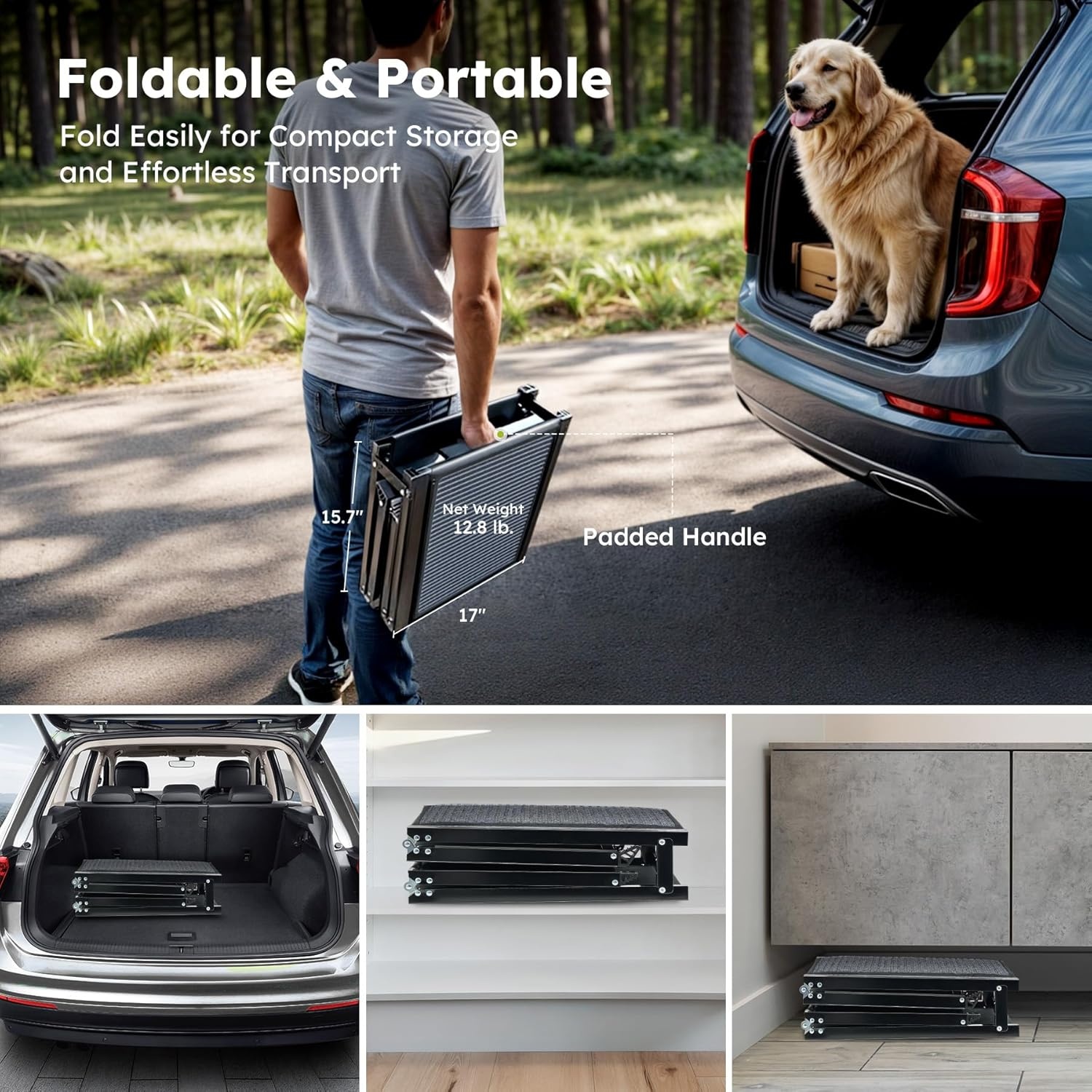 CO-Z Dog Ramp for Car, 160 cm Folding Pet Ramp for Large Dogs up to 90 kg with Non-Slip Rug Surface, Portable Dog Pet Stairs for Car SUV Truck Bed Sofa, Indoor and Outdoor Use