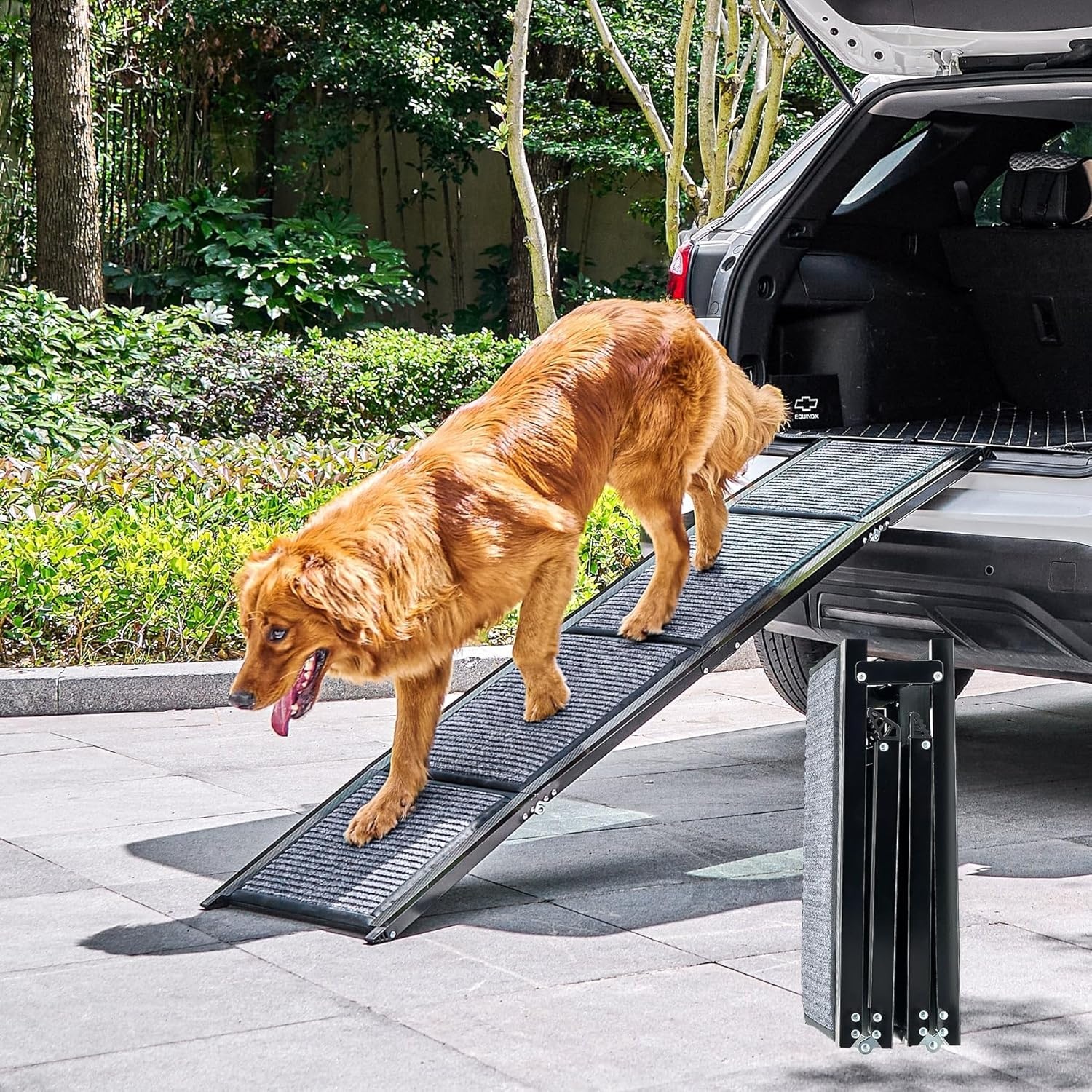 CO-Z Dog Ramp for Car, 160 cm Folding Pet Ramp for Large Dogs up to 90 kg with Non-Slip Rug Surface, Portable Dog Pet Stairs for Car SUV Truck Bed Sofa, Indoor and Outdoor Use