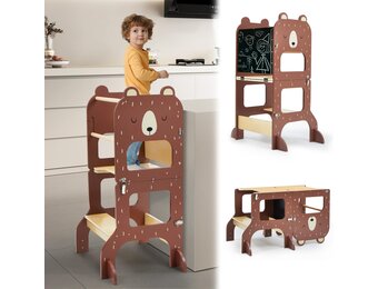 labebe Leertoren vanaf 1 jaar, groot formaat Montessori leertoren inklapbaar, 3-in-1 multifunctionele leertoren met tekening krijtbord-bruine beer