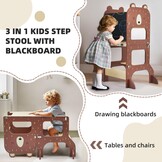 labebe Leertoren vanaf 1 jaar, groot formaat Montessori leertoren inklapbaar, 3-in-1 multifunctionele leertoren met tekening krijtbord-bruine beer