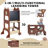 labebe Leertoren vanaf 1 jaar, groot formaat Montessori leertoren inklapbaar, 3-in-1 multifunctionele leertoren met tekening krijtbord-bruine beer