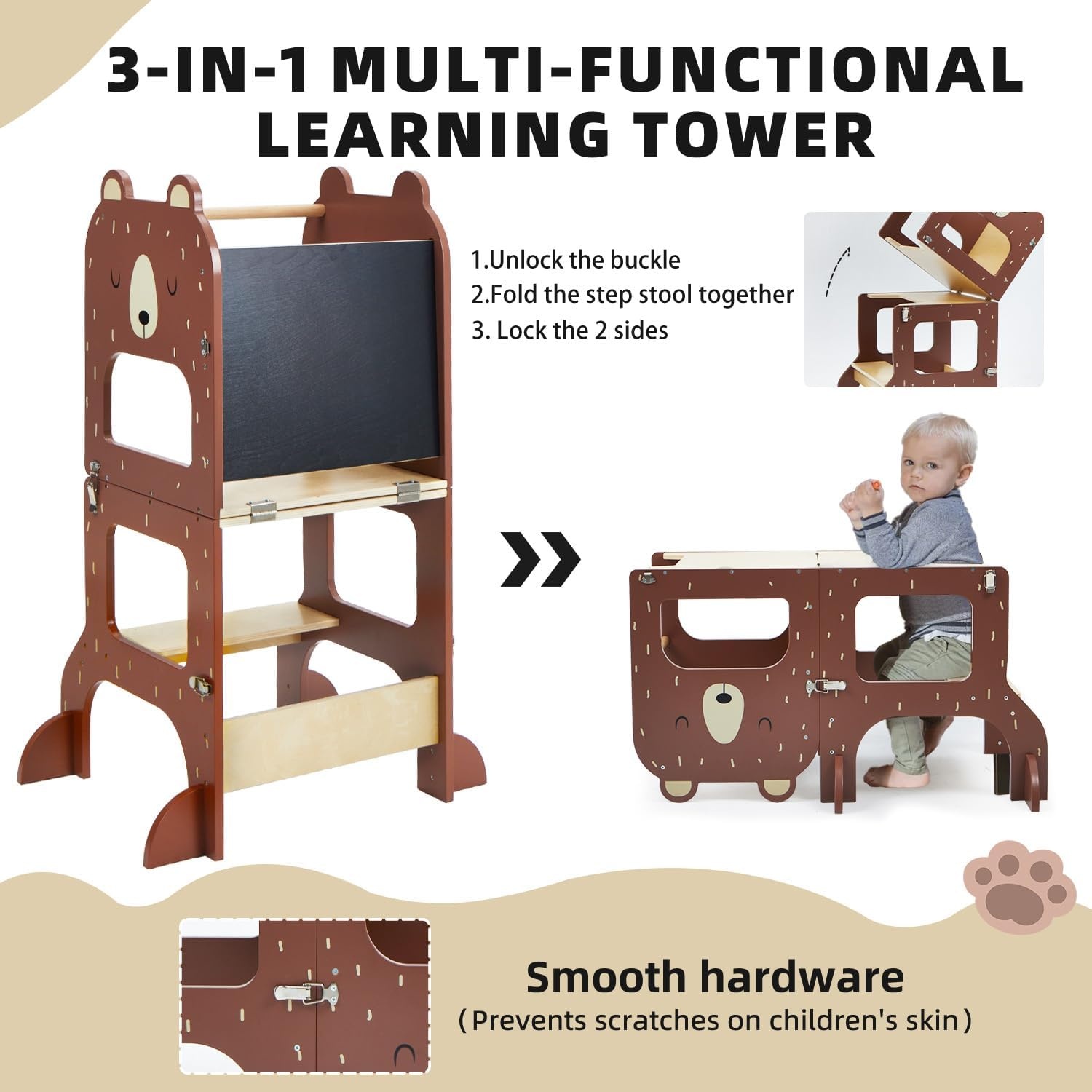 labebe Leertoren vanaf 1 jaar, groot formaat Montessori leertoren inklapbaar, 3-in-1 multifunctionele leertoren met tekening krijtbord-bruine beer