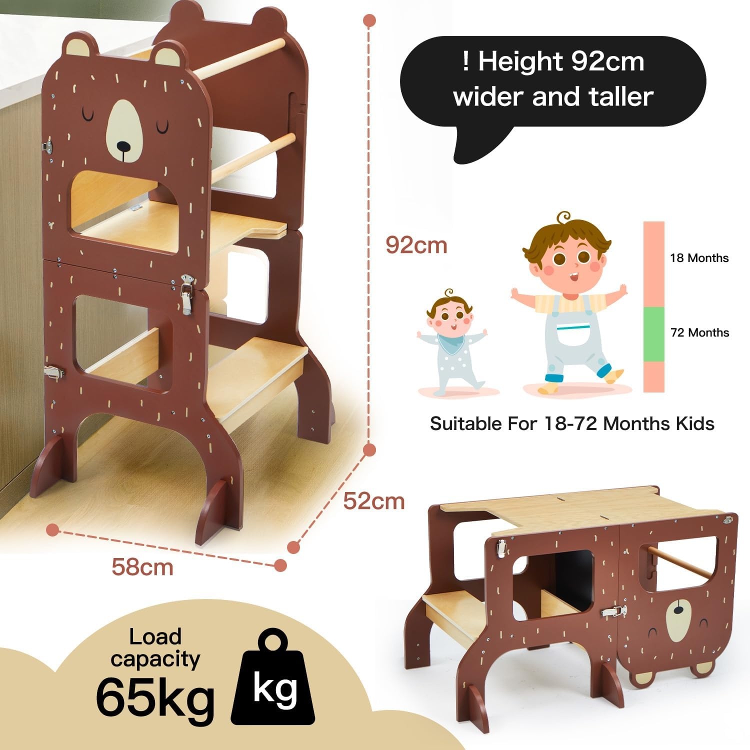 labebe Leertoren vanaf 1 jaar, groot formaat Montessori leertoren inklapbaar, 3-in-1 multifunctionele leertoren met tekening krijtbord-bruine beer