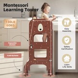 labebe Leertoren vanaf 1 jaar, groot formaat Montessori leertoren inklapbaar, 3-in-1 multifunctionele leertoren met tekening krijtbord-bruine beer