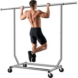 Camabel Kledingrek met wieltjes, metaal, uittrekbaar, lengte 130-190 cm, robuuste stang voor metalen hoogte, maximale belasting 180 kg, verstelbaar, opvouwbaar, voor kapstok, kapstok, verchroomd, met