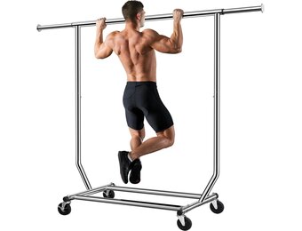 Camabel Kledingrek met wieltjes, metaal, uittrekbaar, lengte 130-190 cm, robuuste stang voor metalen hoogte, maximale belasting 180 kg, verstelbaar, opvouwbaar, voor kapstok, kapstok, verchroomd, met