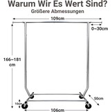Camabel Kledingrek met wieltjes, metaal, uittrekbaar, lengte 130-190 cm, robuuste stang voor metalen hoogte, maximale belasting 180 kg, verstelbaar, opvouwbaar, voor kapstok, kapstok, verchroomd, met