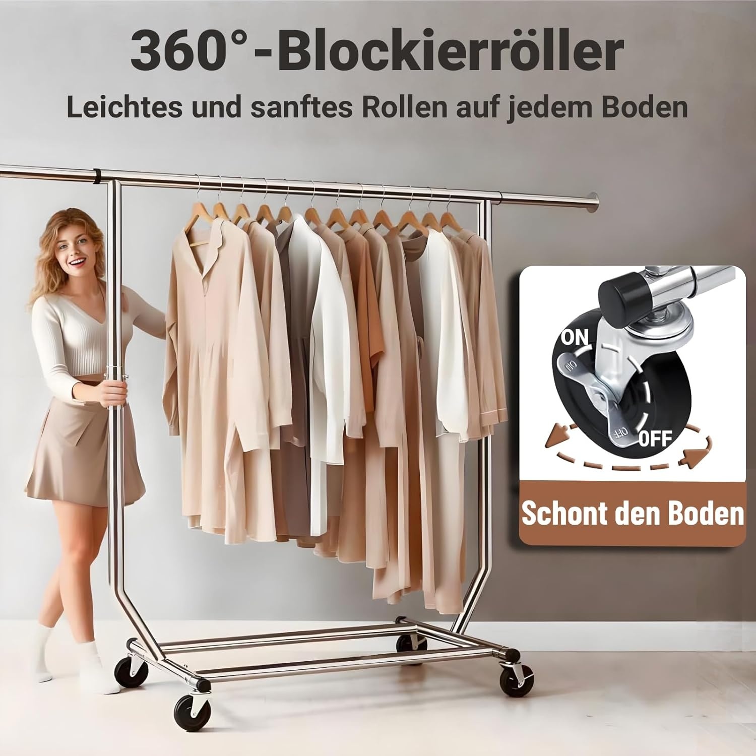 Camabel Kledingrek met wieltjes, metaal, uittrekbaar, lengte 130-190 cm, robuuste stang voor metalen hoogte, maximale belasting 180 kg, verstelbaar, opvouwbaar, voor kapstok, kapstok, verchroomd, met