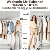 Camabel Kledingrek met wieltjes, metaal, uittrekbaar, lengte 130-190 cm, robuuste stang voor metalen hoogte, maximale belasting 180 kg, verstelbaar, opvouwbaar, voor kapstok, kapstok, verchroomd, met