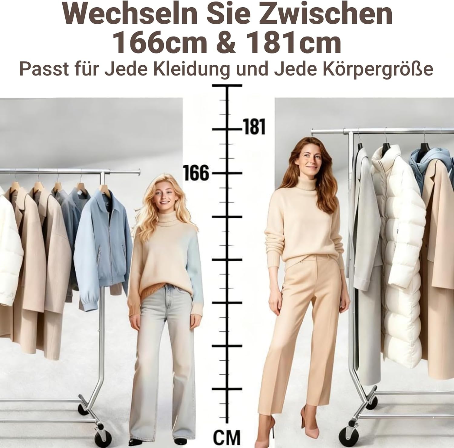 Camabel Kledingrek met wieltjes, metaal, uittrekbaar, lengte 130-190 cm, robuuste stang voor metalen hoogte, maximale belasting 180 kg, verstelbaar, opvouwbaar, voor kapstok, kapstok, verchroomd, met