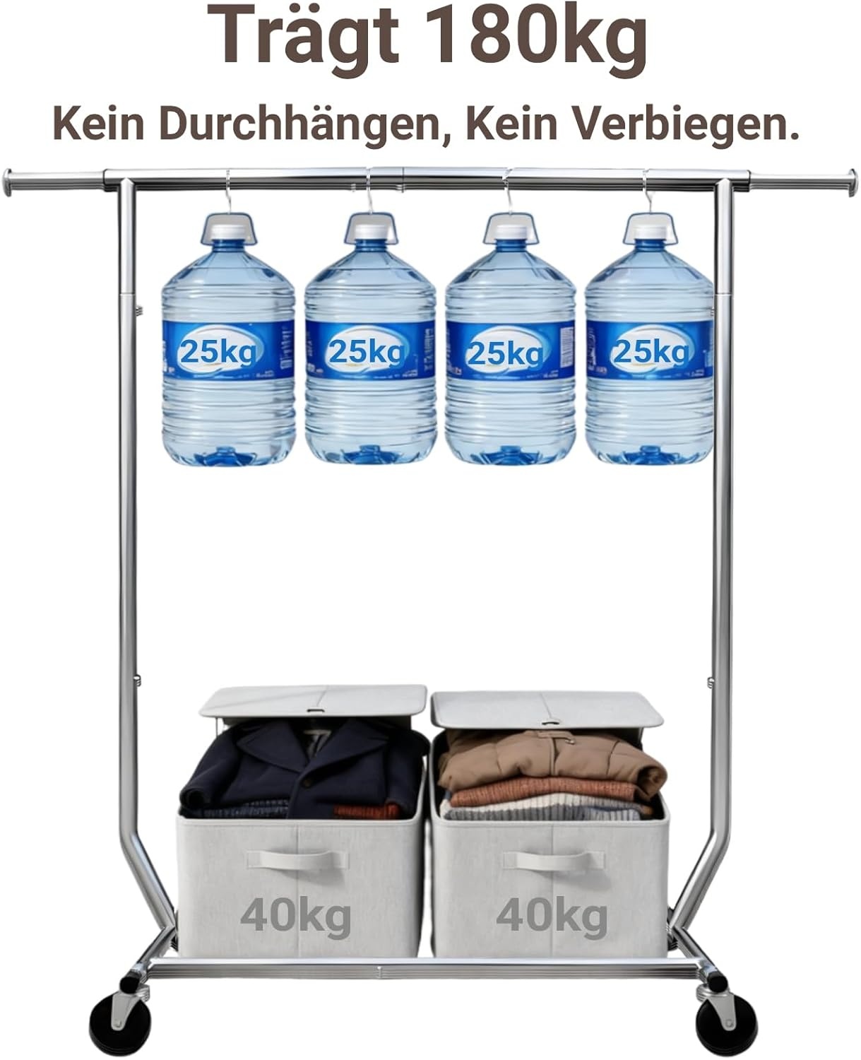 Camabel Kledingrek met wieltjes, metaal, uittrekbaar, lengte 130-190 cm, robuuste stang voor metalen hoogte, maximale belasting 180 kg, verstelbaar, opvouwbaar, voor kapstok, kapstok, verchroomd, met