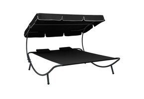 vidaXL Loungebed met Luifel & Kussens Zwart - 47% Korting