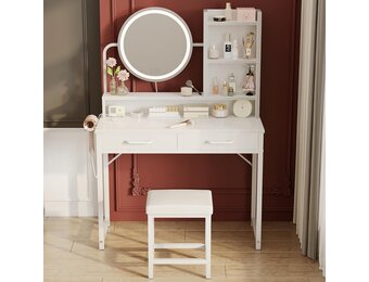 ODK Make-uptafel met ledverlichting, verstelbare helderheid en in hoogte verstelbaar voor 120-180 cm, 2 stoffen laden & stool, 80 x 40 x 136 cm, wit + wit