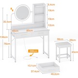 ODK Make-uptafel met ledverlichting, verstelbare helderheid en in hoogte verstelbaar voor 120-180 cm, 2 stoffen laden & stool, 80 x 40 x 136 cm, wit + wit
