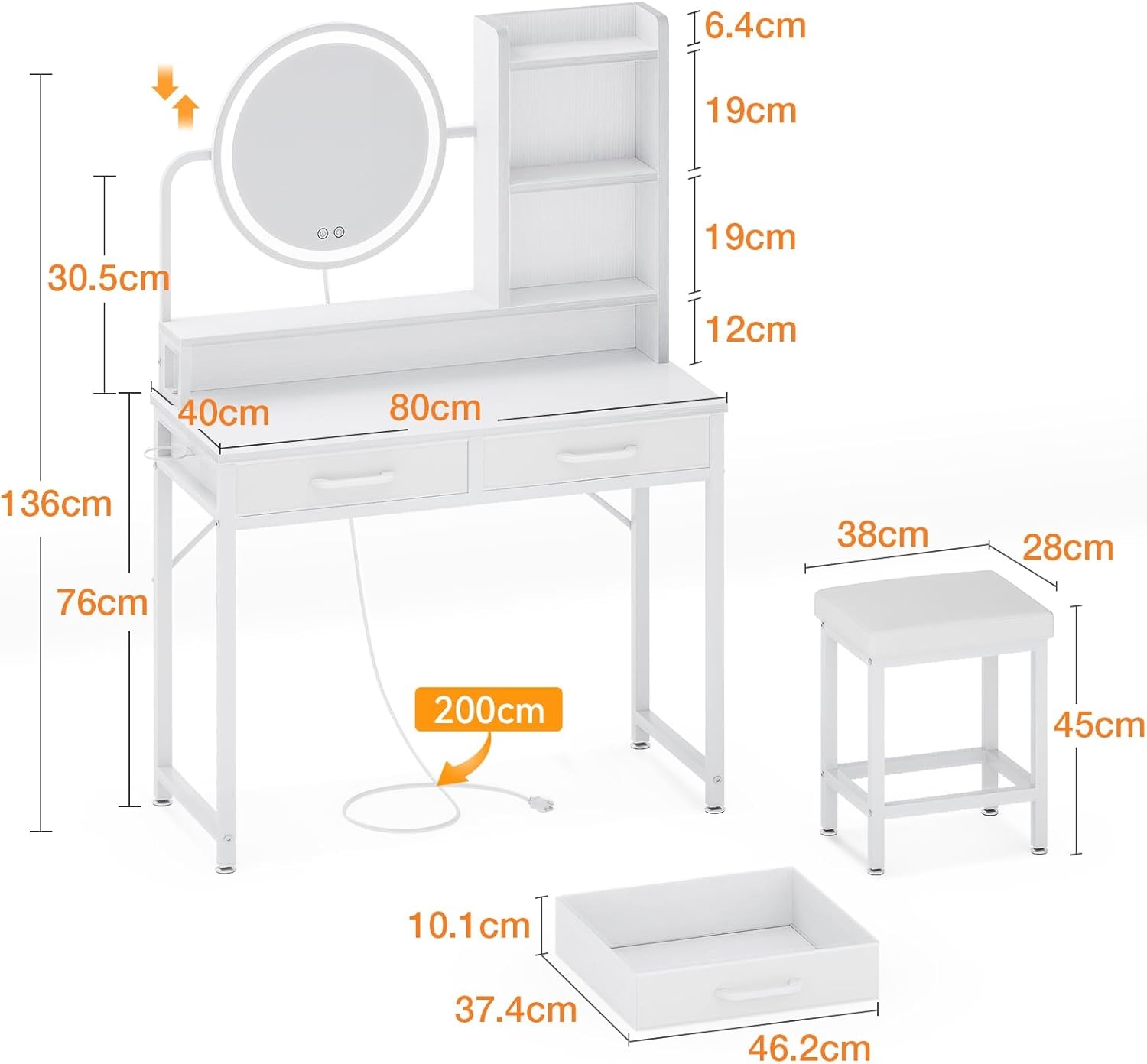 ODK Make-uptafel met ledverlichting, verstelbare helderheid en in hoogte verstelbaar voor 120-180 cm, 2 stoffen laden & stool, 80 x 40 x 136 cm, wit + wit