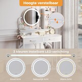 ODK Make-uptafel met ledverlichting, verstelbare helderheid en in hoogte verstelbaar voor 120-180 cm, 2 stoffen laden & stool, 80 x 40 x 136 cm, wit + wit