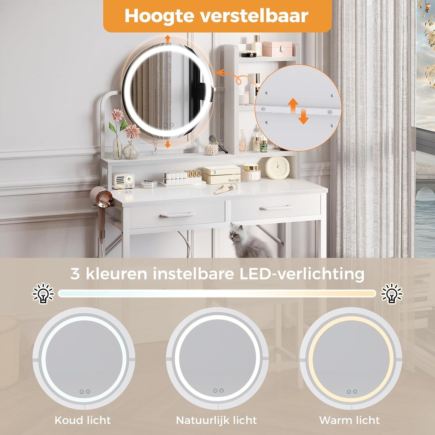 ODK Make-uptafel met ledverlichting, verstelbare helderheid en in hoogte verstelbaar voor 120-180 cm, 2 stoffen laden & stool, 80 x 40 x 136 cm, wit + wit