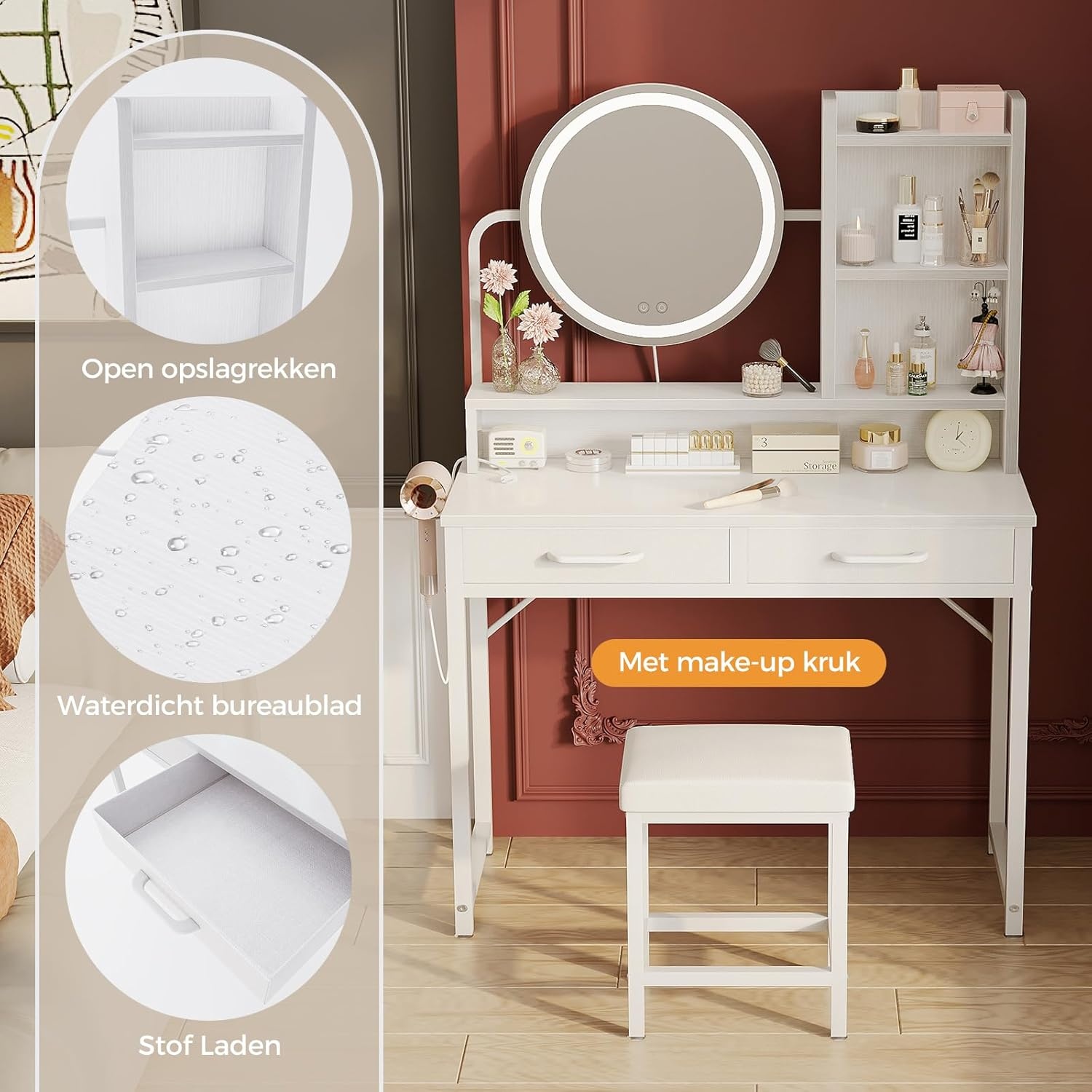 ODK Make-uptafel met ledverlichting, verstelbare helderheid en in hoogte verstelbaar voor 120-180 cm, 2 stoffen laden & stool, 80 x 40 x 136 cm, wit + wit