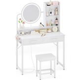 ODK Make-uptafel met ledverlichting, verstelbare helderheid en in hoogte verstelbaar voor 120-180 cm, 2 stoffen laden & stool, 80 x 40 x 136 cm, wit + wit