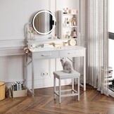 ODK Make-uptafel met ledverlichting, verstelbare helderheid en in hoogte verstelbaar voor 120-180 cm, 2 stoffen laden & stool, 80 x 40 x 136 cm, wit + wit