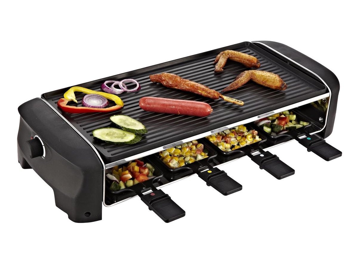 Princess Gourmetstel 162840 - Raclette 8 personen - Grill and Bakplaat - Groot - 2 meter snoer - Regelbare thermostaat - 1400W - Omkeerbare bakplaat en grillplaat - 8 pannetjes