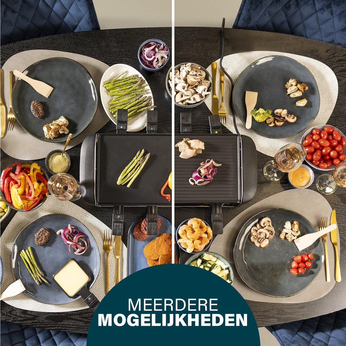 Princess Gourmetstel 162840 - Raclette 8 personen - Grill and Bakplaat - Groot - 2 meter snoer - Regelbare thermostaat - 1400W - Omkeerbare bakplaat en grillplaat - 8 pannetjes