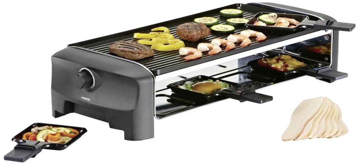 Princess Gourmetstel 162840 - Raclette 8 personen - Grill and Bakplaat - Groot - 2 meter snoer - Regelbare thermostaat - 1400W - Omkeerbare bakplaat en grillplaat - 8 pannetjes