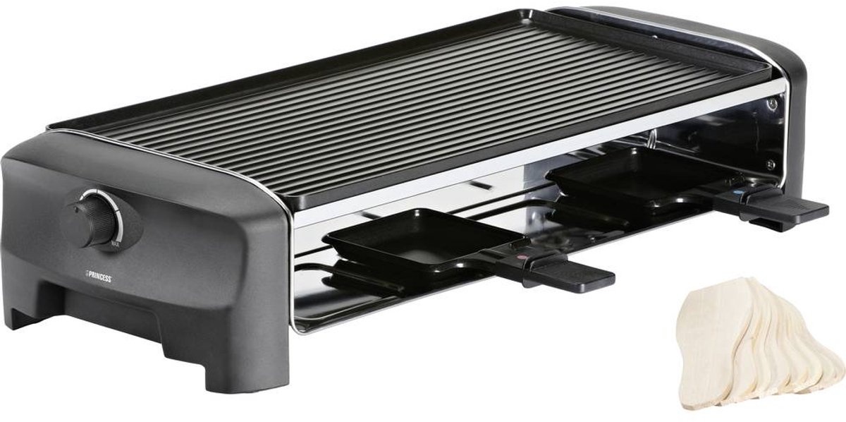 Princess Gourmetstel 162840 - Raclette 8 personen - Grill and Bakplaat - Groot - 2 meter snoer - Regelbare thermostaat - 1400W - Omkeerbare bakplaat en grillplaat - 8 pannetjes