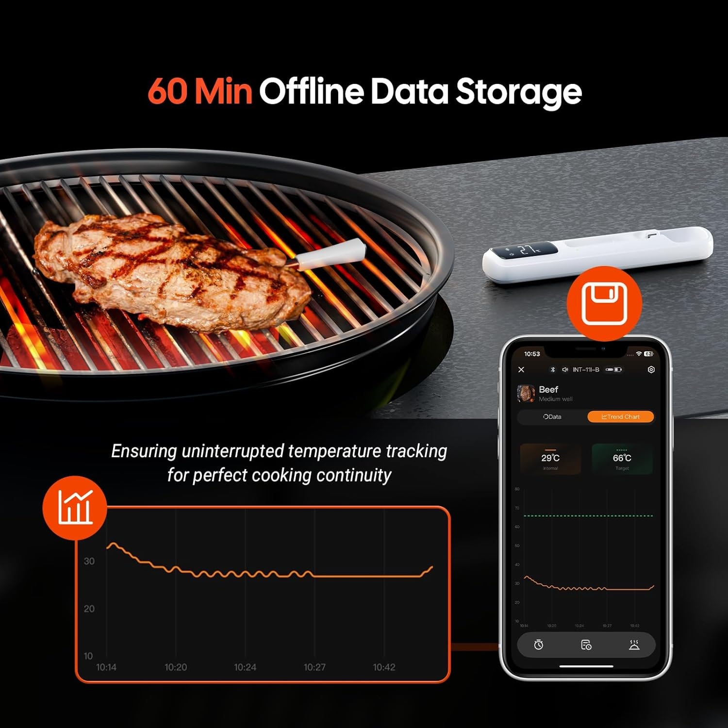 INKBIRD Draadloze Vleesthermometer,Bluetooth 5.4,305 m Super Bereik, 60 Min. Offline Opslag, IP67 Waterdicht, Ideaal voor BBQ, Grill en Rookovens