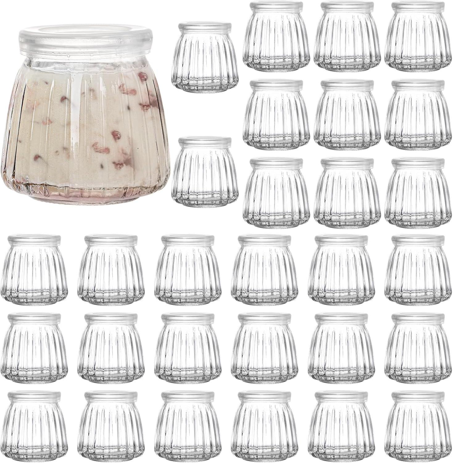Fasmov 30 stuks kleine yoghurtglazen met deksel, 120 ml, weckpotten, tulpglas, dessertglas, perfect voor jam, honing, pudding, melk, yoghurt, gelei
