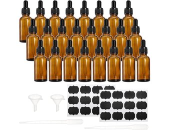 Lawei 24 x 30ml barnsteenkleurige glazen flessen met glazen oogdruppelpipetten, druppelflesjes kleine monsterflesjes, navulbaar voor etherische oliën, parfums, chemielab