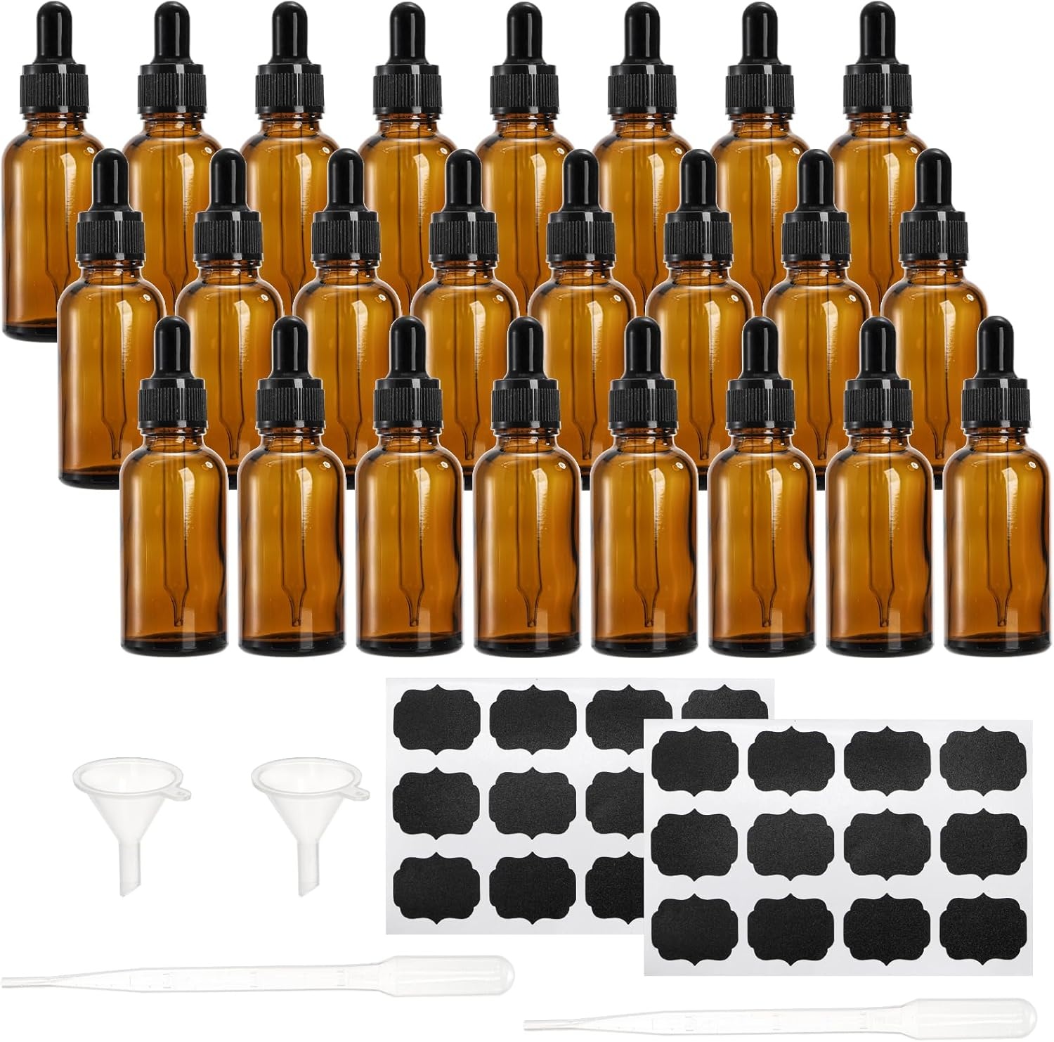 Lawei 24 x 30ml barnsteenkleurige glazen flessen met glazen oogdruppelpipetten, druppelflesjes kleine monsterflesjes, navulbaar voor etherische oliën, parfums, chemielab