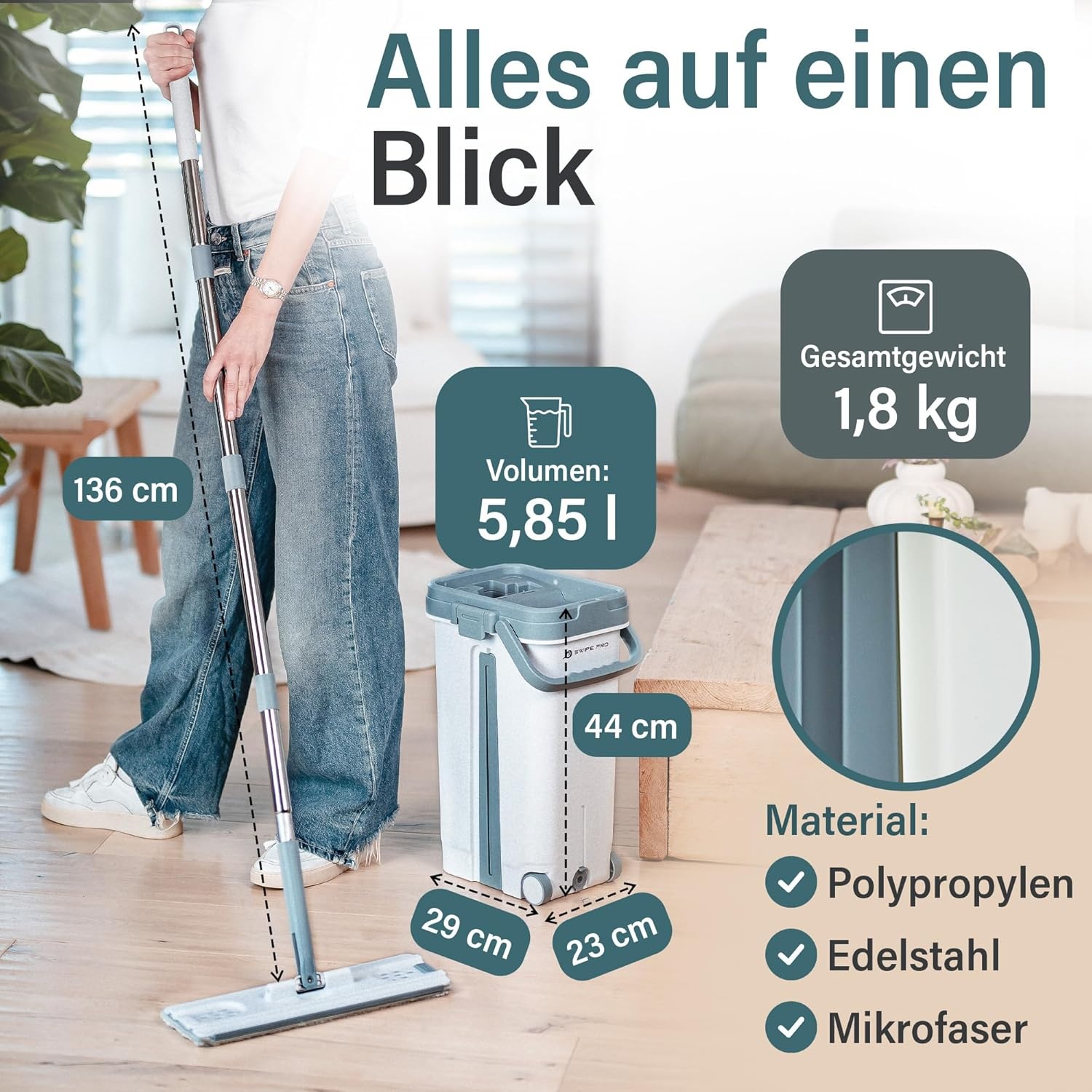 Dweilmop met Emmer & Rolfunctie - 55% Korting! - Retourproduct