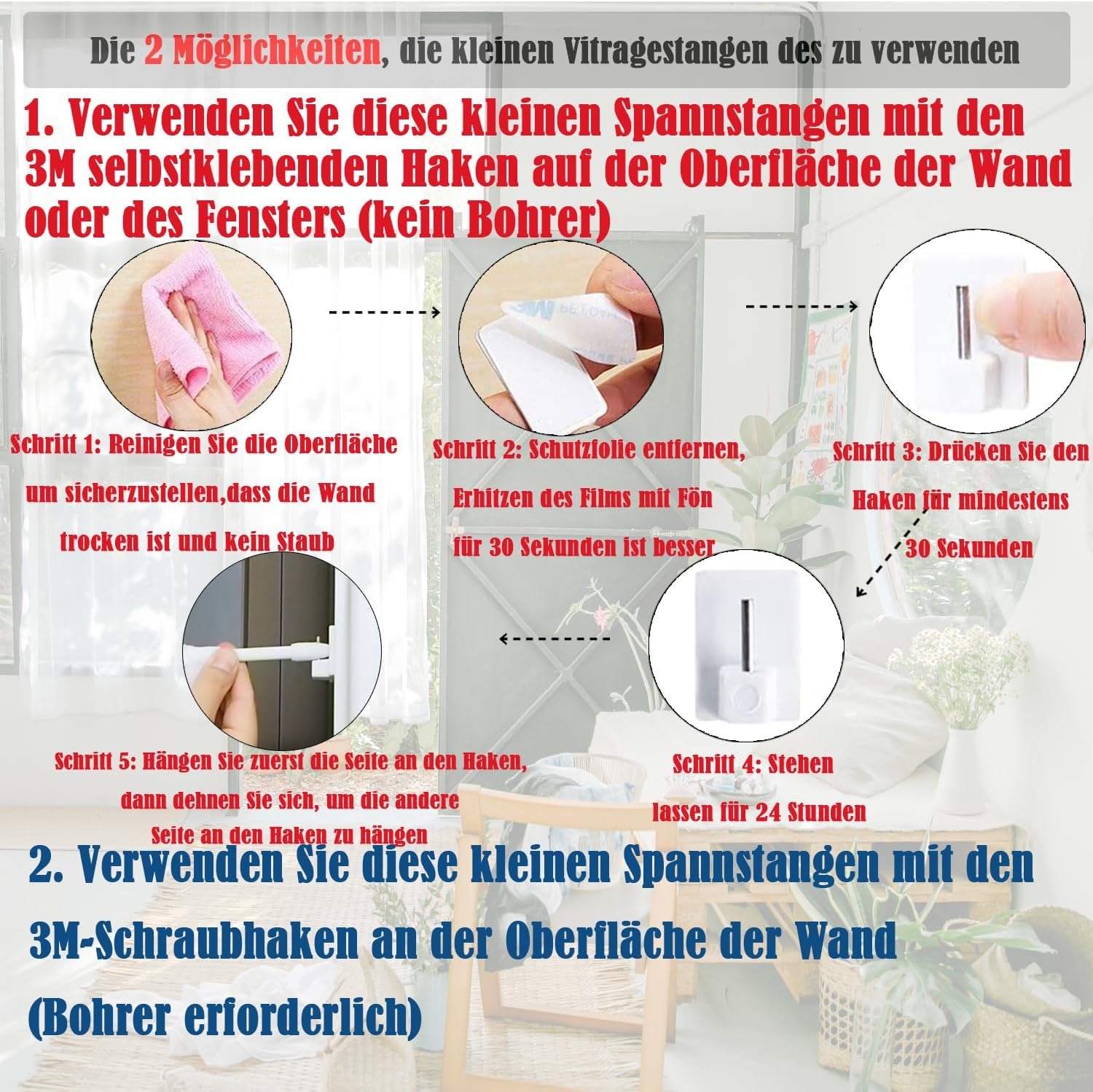 Aiitomg Bistro-gordijnstangen (2 stuks, 90-150 cm, wit) - 30% Korting!