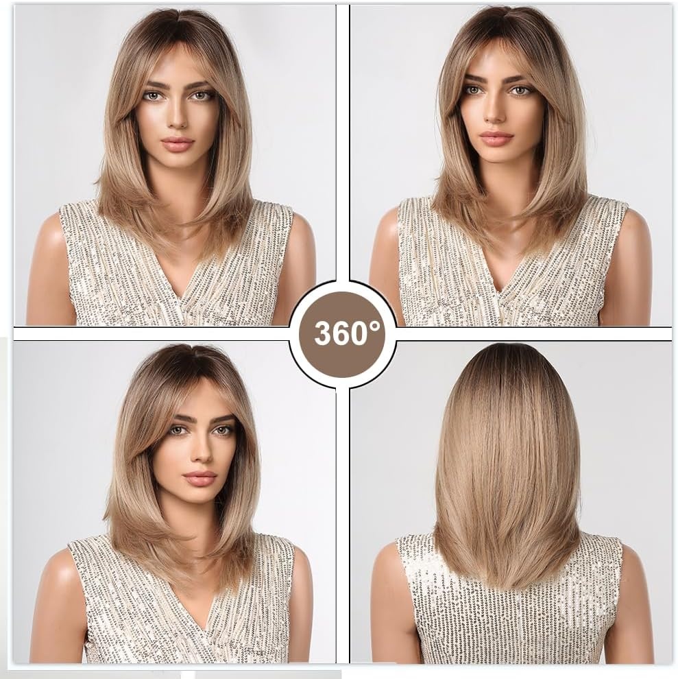 Esmee Korte Rechte Ombre Blond Bob Pruik met Gordijn Pony (37% Korting)