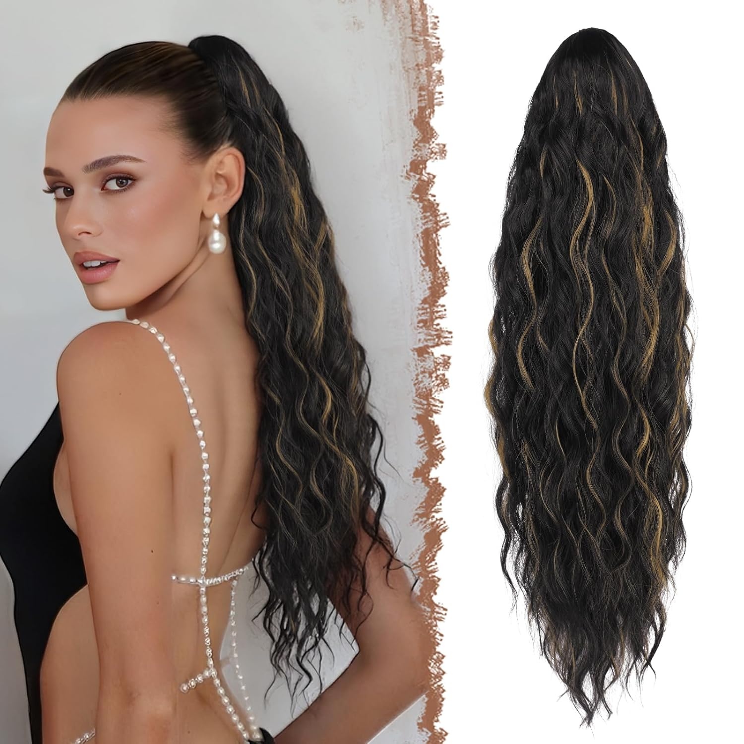 FESHFEN Ponytail Extensions - Goudbruin, Krullend Synthetisch Haar (37% korting)