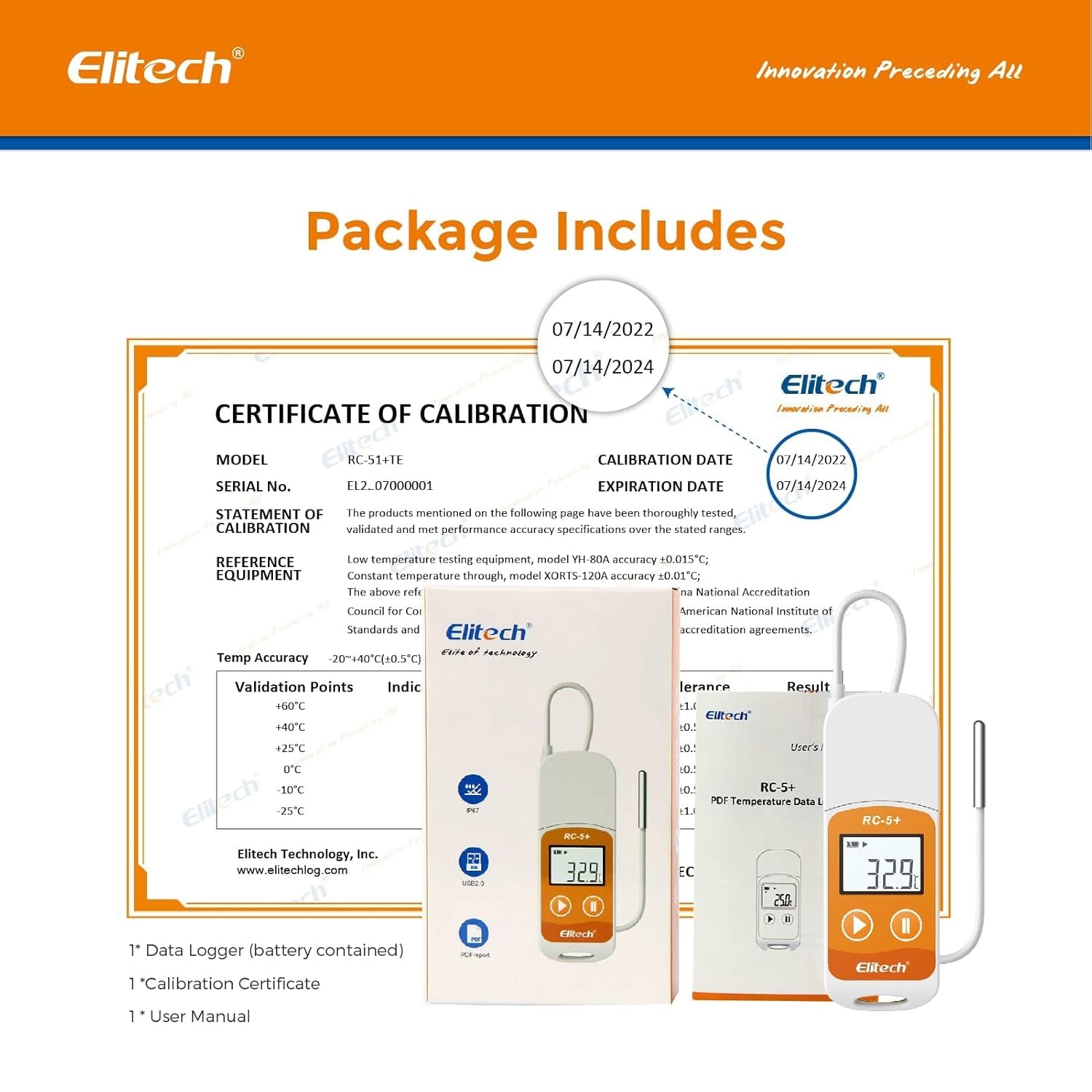 Elitech RC-5+ TE PDF USB Temperature Data Logger Reusable Recorder 32000 Points High Accuracy (Additional External Sensor)