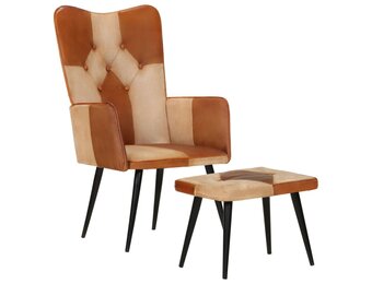 vidaXL Fauteuil met voetensteun echt leer en canvas bruin