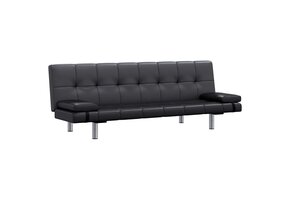 Sofa rozkładana dwuosobowa z dwoma poduszkami, sztuczna skóra, czarna