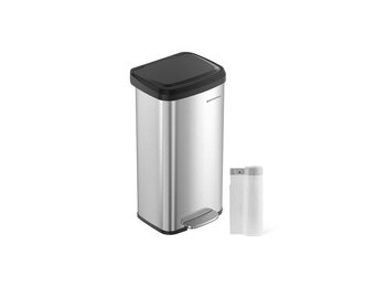 SONGMICS Kitchen Trash Can, 18-Gallon Stainless Steel Garbage Can, with Stay-Open Lid and Step-on Pedal, Soft Closure, Tall, Large and Space-Saving, Silver and Black LTB520E68