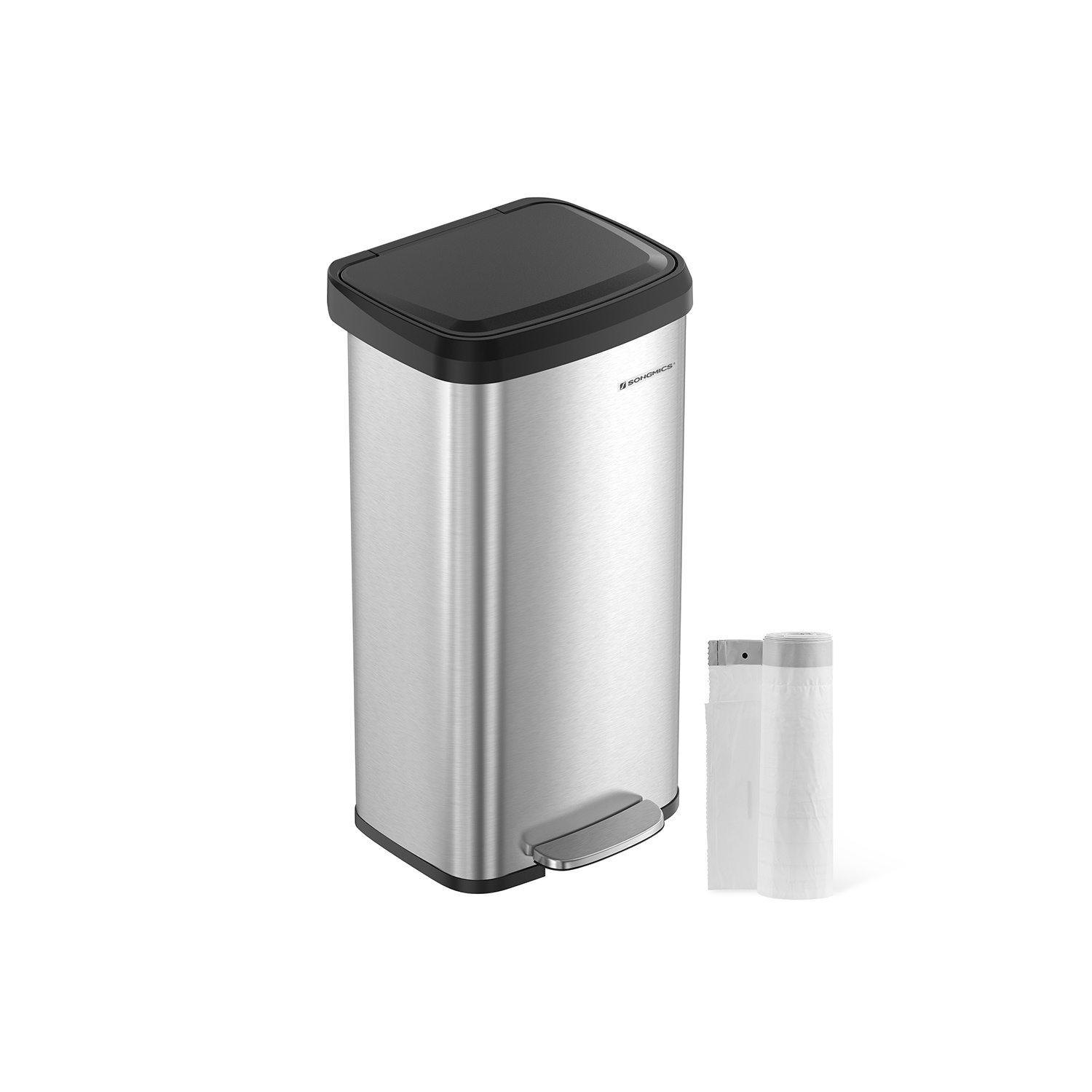 SONGMICS Kitchen Trash Can, 18-Gallon Stainless Steel Garbage Can, with Stay-Open Lid and Step-on Pedal, Soft Closure, Tall, Large and Space-Saving, Silver and Black LTB520E68