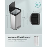 SONGMICS Kitchen Trash Can, 18-Gallon Stainless Steel Garbage Can, with Stay-Open Lid and Step-on Pedal, Soft Closure, Tall, Large and Space-Saving, Silver and Black LTB520E68
