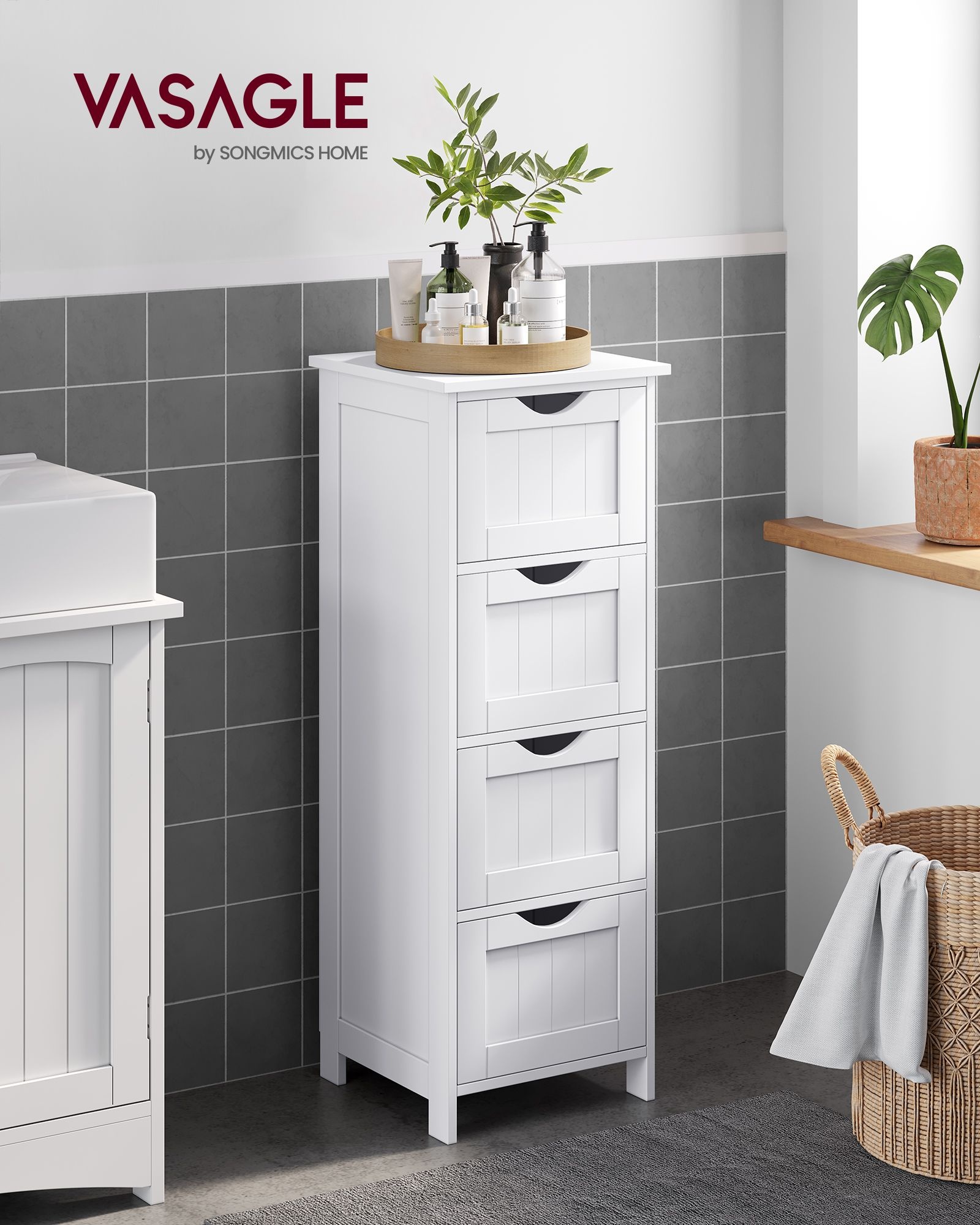 VASAGLE LHC40W, Bathroom Cabinet with 4 Drawers, Chest of Drawers, 30 x 30 x 82 cm, for a living room, kitchen and hallway, space saver, White