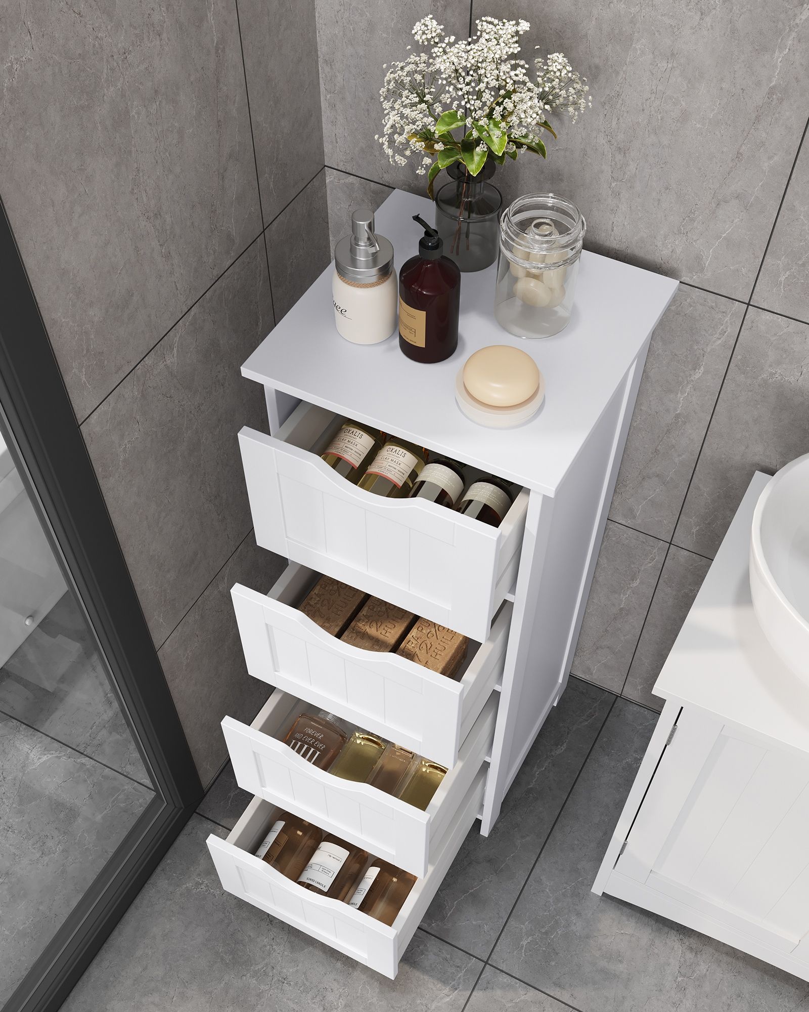 VASAGLE LHC40W, Bathroom Cabinet with 4 Drawers, Chest of Drawers, 30 x 30 x 82 cm, for a living room, kitchen and hallway, space saver, White