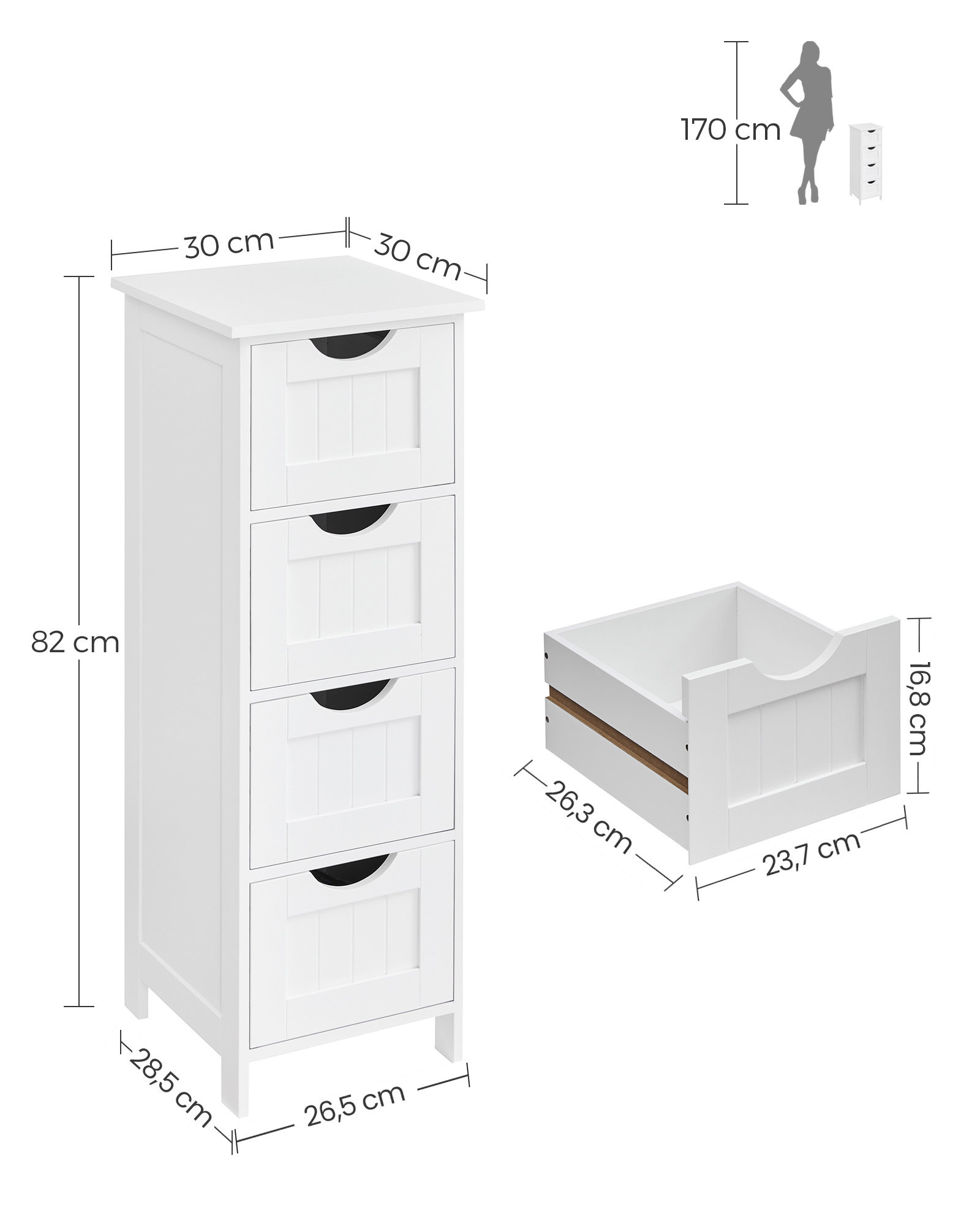 VASAGLE LHC40W, Bathroom Cabinet with 4 Drawers, Chest of Drawers, 30 x 30 x 82 cm, for a living room, kitchen and hallway, space saver, White