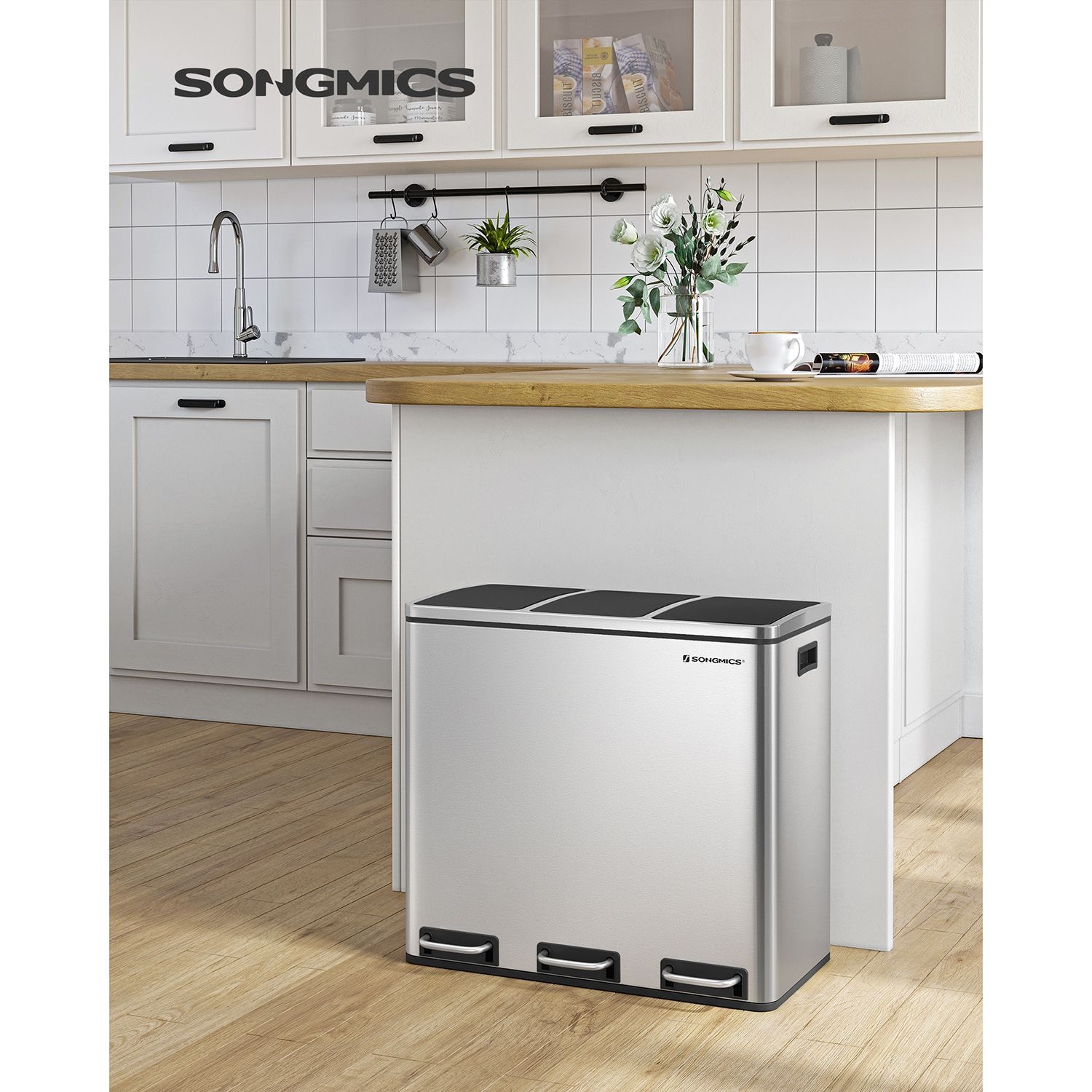 SONGMICS Keukenprullenbak: 3x18L, met Deksel & Pedalen - 55% Korting!