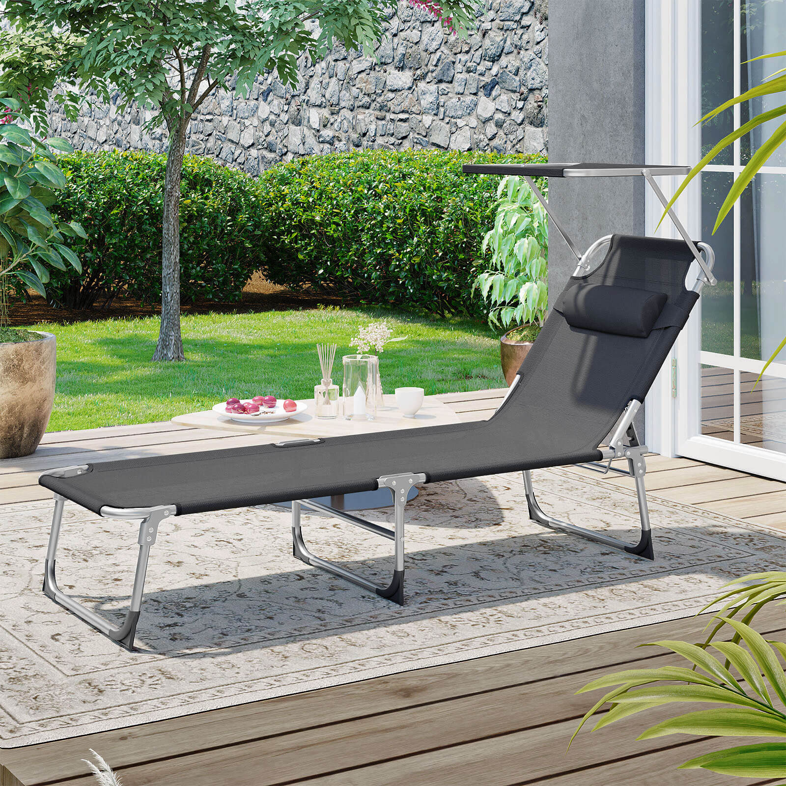 SONGMICS Sun Lounger – Verstelbaar, inklapbaar, met zonnescherm – 55% Korting