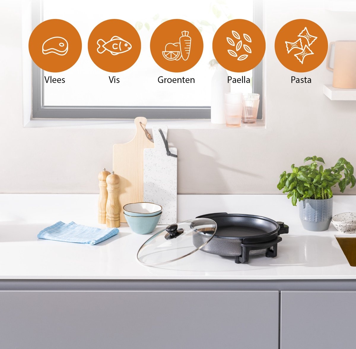 Tristar Elektrische hapjespan 1500W - PZ-2963 - Ø30cm Deksel - Maximale temperatuur 280⁰ C - PFAS-vrij