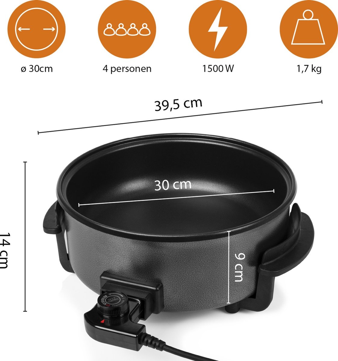 Tristar Elektrische hapjespan 1500W - PZ-9135 - Ø30cm Deksel - Maximale temperatuur 250⁰ C - PFAS-vrij